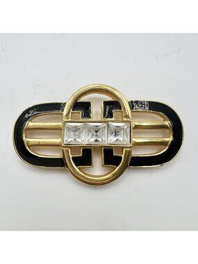 Vintage S.A.L Gold Tone Black Enamel Rhinestone Brooch Art Deco Pin